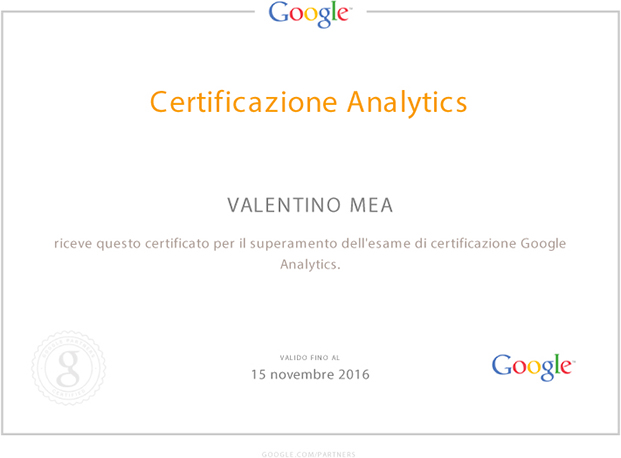 Certificazione Google Analytics di Valentino Mea