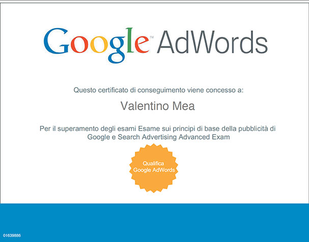 Certificazione Google Adwords di Valentino Mea