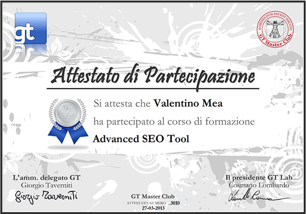 Certificazione Advanced SEO Tools di Valentino Mea