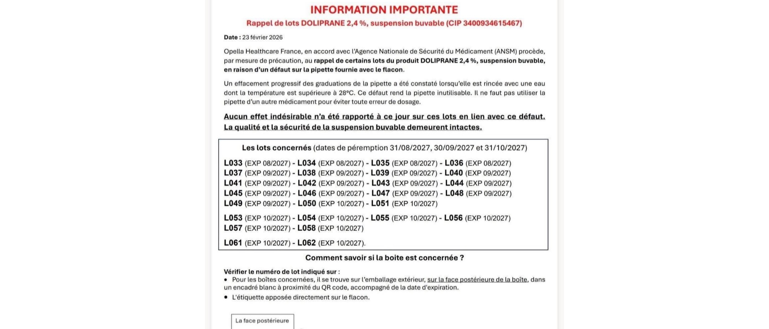 Rappel de lots sur le Doliprane sirop 
