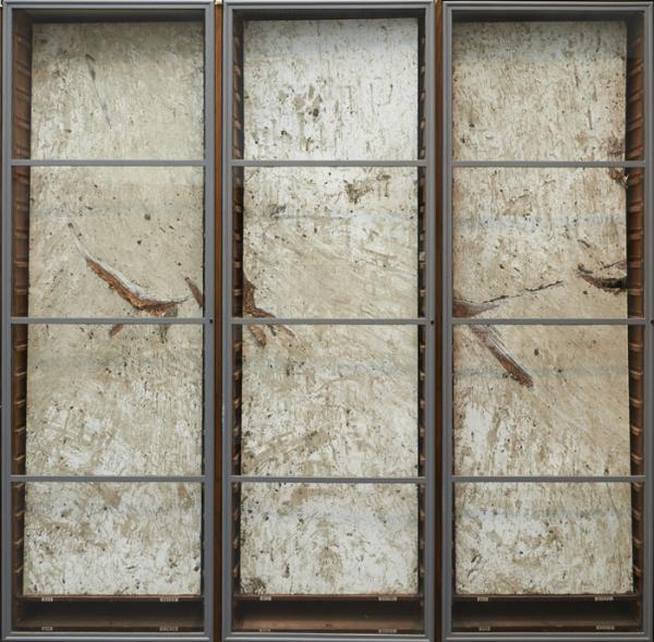 'Clayboards', Liam O'Connor. The marks were created from laying the boards onto the floor of a lorry and removing them after the lorry had taken a load of clay from the building site to the tip. © Liam O'Connor Clayboards