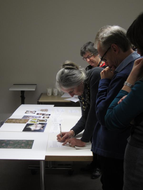 Lucy Trench (Lead Educator) making small amendments to one of the labels following a group discussion label mock-up