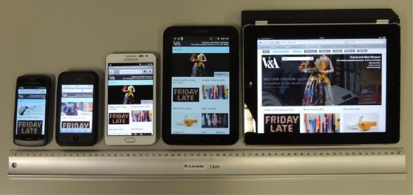 Various devices showing V&A responsive 2 column display in content mode