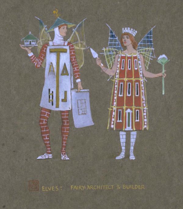Design by Walter Crane for costumes for 'The Snowman' by Arthur Sturgess, produced at the Lyceum  Theatre, London, December 1899. Body colour of brown paper.