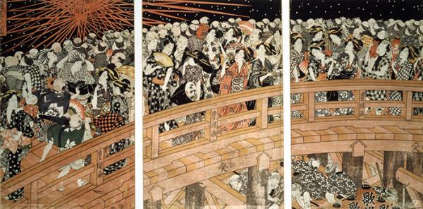 Fireworks at Ryogoku Bridge, woodblock print, Utagawa Toyokuni, 1820-1825. Museum no. E.4900:1, 2-1886. © Victoria and Albert Museum, London. 