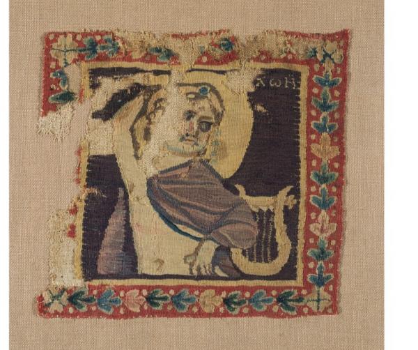 Square panel of cloth with a depiction of Apollo and his lyre, tapestry woven wool & linen, Egyptian, 300 - 499.