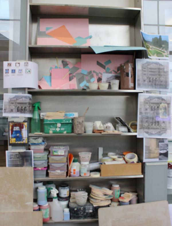 Shelves stacked with glazes and surrounded by more sketches and inspiration © Victoria & Albert Museum james' studio 3