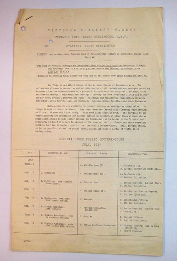 Public Lecture-Tours programme, July 1937