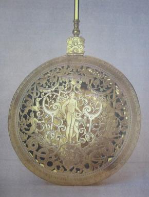 Warming pan, brasswork, Dutch, dated 1602 (V&A 4214-1855) Warming pan