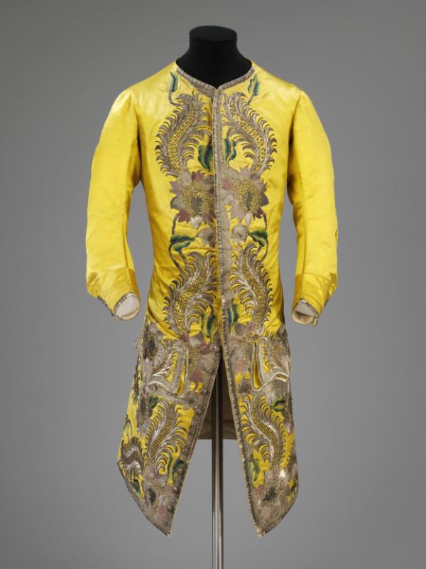 Man’s waistcoat, yellow satin embroidered with coloured silk and silver  thread, England, 1730-1739 (V&A 202-1906)