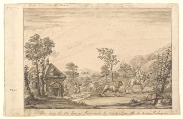 William Kent, Una's Escape from the Old Womans House with her Lyon, after his killing Kirkrapine.