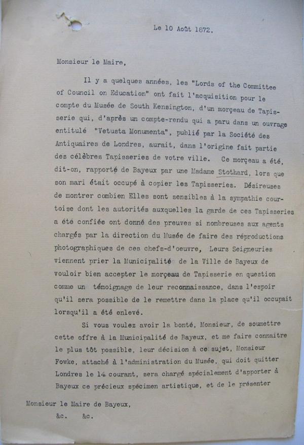 Letter from Henry Cole to M. Marc, Mayor of Bayeux