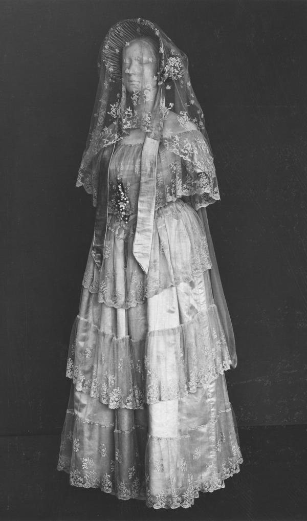 Previous display of the wedding ensemble of Henrietta Woodcock
