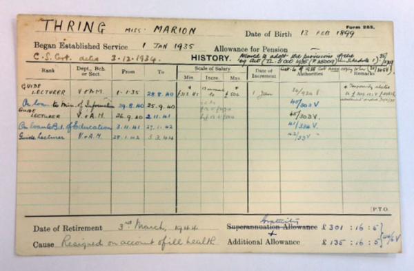‘Staff history card’ for Marion Thring,
