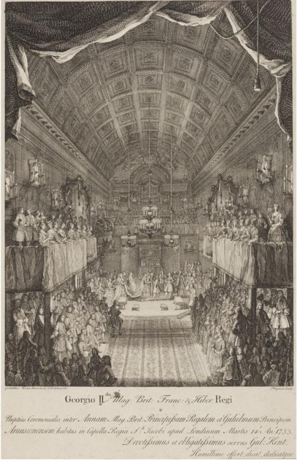 Engraving by J. Rigaud after William Kent, showing the wedding ceremony between Princess Anne and William, Prince of  Orange in March 1733. According to Vice Chamberlain Lord Hervey, Kent provided “as much finery as velvets, gold and silver tissue, galloons, fringes, tassels, gilt lustres and sconces could give.” Kent produced this souvenir print for sale to the general public.