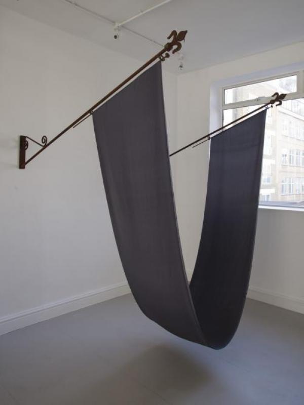 George Eksts, Three State Solution. Iron flagpoles, silk flag. 170 x 198 x 141cm