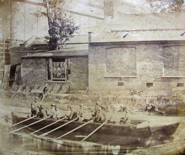 Sappers from the Royal Engineers Regiment testing a pontoon in the pool in 1861