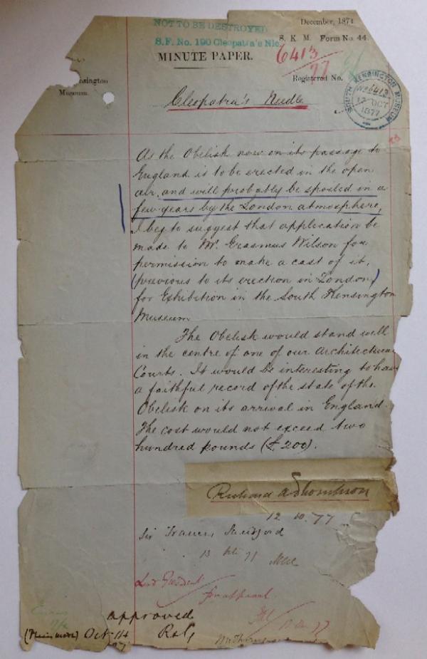 Minute paper ‘Cleopatra’s Needle’, 12 October 1877
