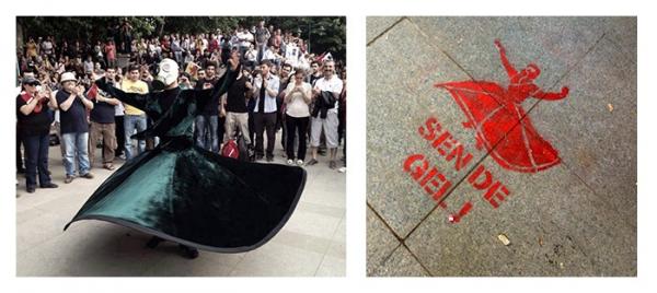 Photo of a whirling dervish wearing a gas mask and a street stencil of teh same image