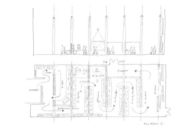 An early sketch of the exhibition layout by HaraClark