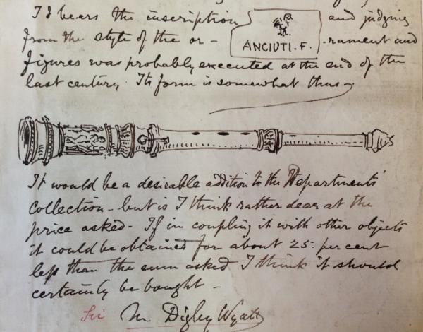 Matthew Digby Wyatt’s report on an hautbois (detail). V&A Archive, MA/3/31. © Victoria and Albert Museum, London. Note how a Registry clerk has deferentially added Wyatt’s knighthood in red pen before his signature. In his diary, Cole recorded that ‘Wyatt came & said he was to be Knighted next privy Council’ (30 December 1868). Matthew Digby Wyatt’s report on an hautbois (detail)