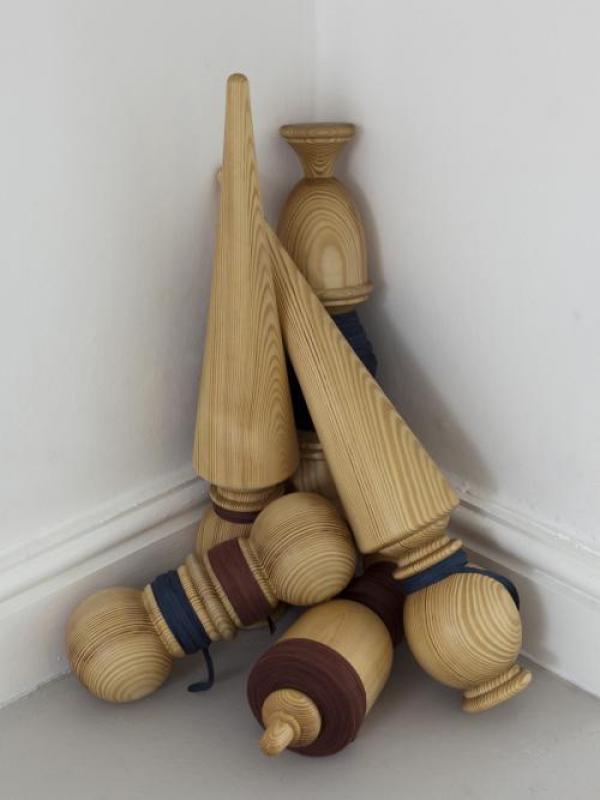 George Eksts, Finials, 5 hand-turned pine finials, hand-dyed ribbon. Dimensions 