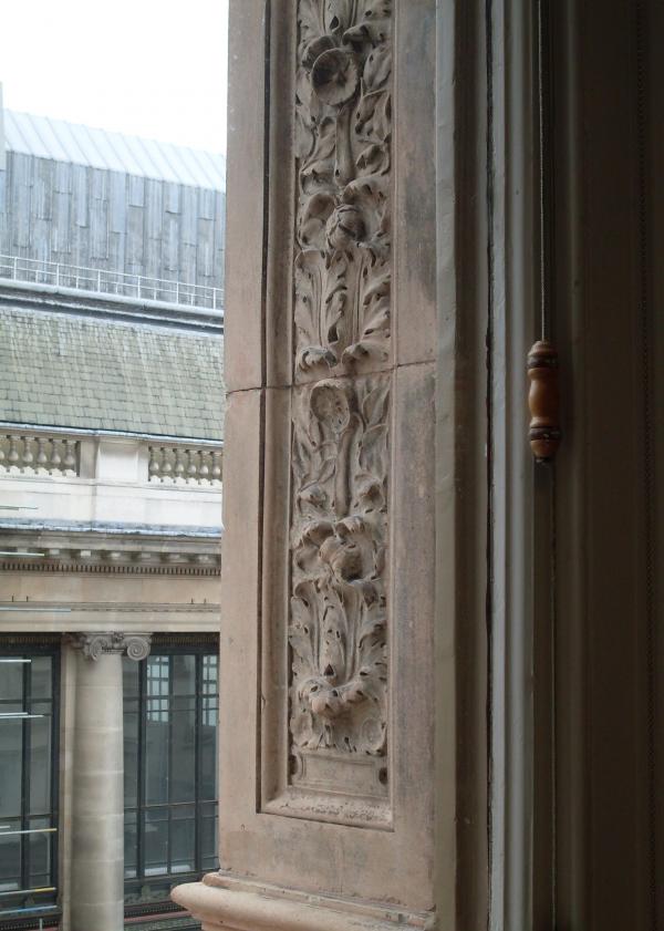 The view of the terracotta mouldings flanking a V&A office window