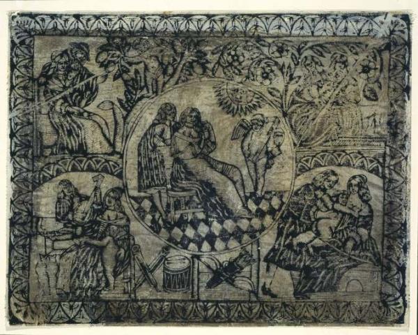 Lining Paper representing the Five Senses; woodcut, ink on paper; Anonymous; English; circa 1688.