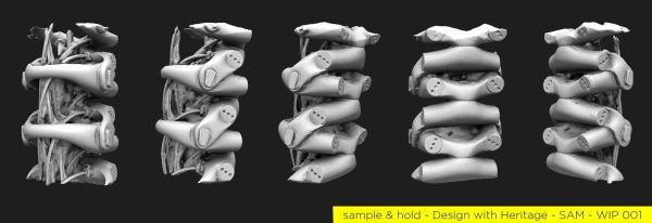 3D Scan of aluminium spine components of SAM using a Mephisto 3D scanner. (Courtesy Sample & Hold, London) 3D Scan of spine components of SAM using a Mephisto 3D scanner (Courtesy, Sample & Hold, London)