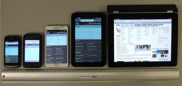 Various devices showing V&A responsive 2 column display in navigation mode