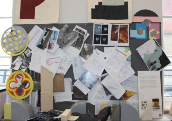 James' pinboard covered in sketches, ideas and reminders © Victoria & Albert Museum james' studio 2
