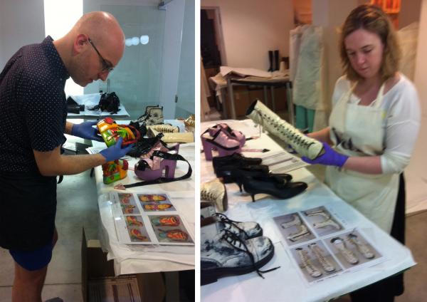 V&A Exhibition Co-ordinators Daniel Slater and Diana McAndrews check the condition of objects as they are unpacked at the Museum of Image and Sound. © Victoria and Albert Museum, London. V&A Exhibition Co-ordinators Daniel Slater and Diana McAndrews check the condition of objects as they are unpacked at the Museum of Image and Sound. © Victoria and Albert Museum, London.