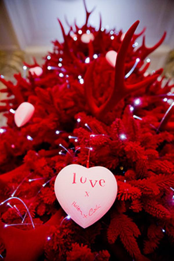 Detail of the 'Red Velvet Tree of Love' V&A Christmas Tree, by Helen and Colin David, 2013. © Victoria and Albert Museum, London Detail of the 'Red Velvet Tree of Love' V&A Christmas Tree, by Helen and Colin David, 2013.