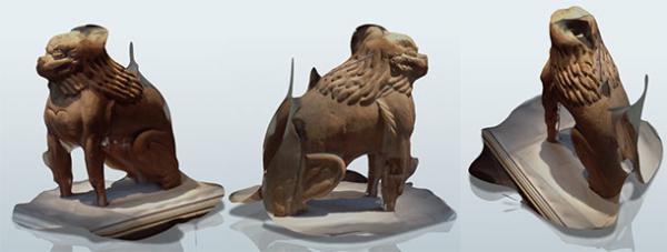 3D modelds of carved wooden lion-dog figure in Portland Art Museum