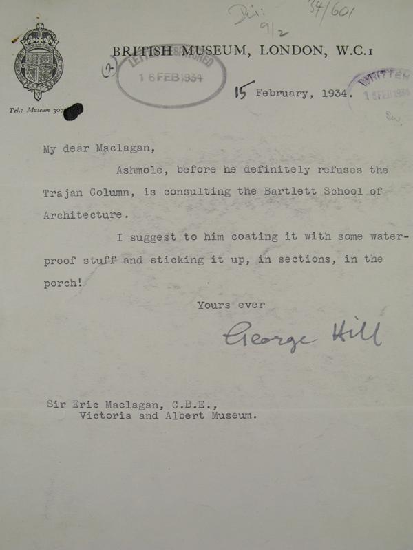 Letter from Sir George Hill to Sir Eric Maclagan, 15th February 1934