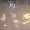 Boy touching replica lion's skull