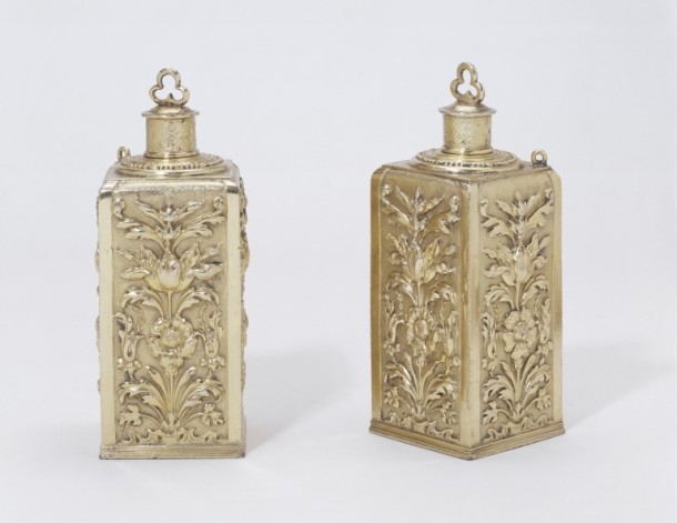 A pair of silver-gilt perfume flasks with foliate decoration, with the marks of Geneviève Cabarin, widow of Pierre Danet and of Jean Leroy, Paris, around 1672 V&A 806toC-1892
