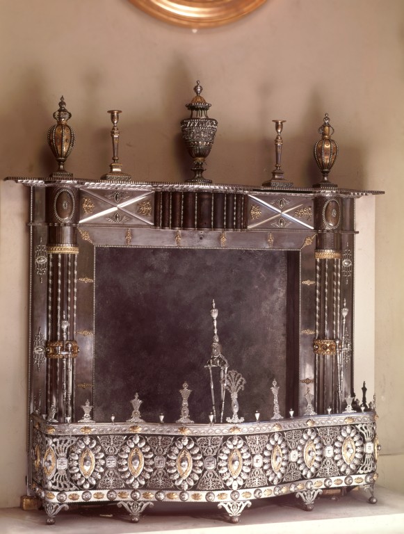 Fireplace with fender, fire-irons and ornaments, Steel with gilt copper, brass and cut steel. Produced by the Tula Arsenal, Russian, 1770-1800 V&A M.49-1953 © Victoria and Albert Museum, London