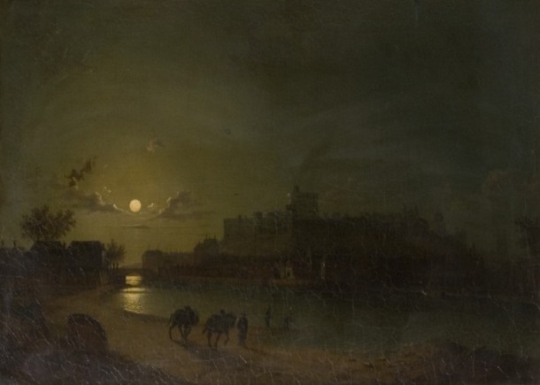 Oil painting, 'Windsor Castle and Town by Moonlight'