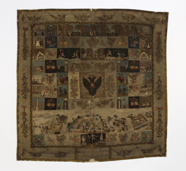 Large square cover of inlaid patchwork and appliqué, mostly in wools, Prague, 1790 (V&A T.45-1914) © Victoria and Albert Museum, London
