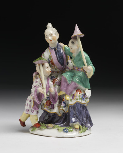 The Meissen factory in Saxony made several models, including this one, after a series of chinoiserie designs by Boucher entitled 'Les Délices de L'Enfance' (The Delights of Childhood), inspired by engravings by J.J. Balechou. V&A C.6-1978