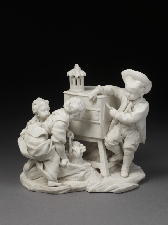 'La Lanterne Magique', figure group in biscuit porcelain of children with a peep- show, modelled by Étienne- Maurice Falconet (after a print derived from a tapestry design by François Boucher), made by Sèvres porcelain factory, Sèvres, ca. 1757. V&A 414:428-1885