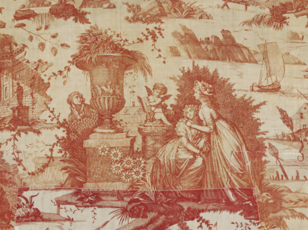 Detail of 'The Art of Loving' or 'The Pleasant Lesson'. Copper plate-printed cotton furnishing fabric, possibly made by Favre Petitpierre et Cie, Nantes, France, ca. 1785- 1790. Three of the scenes come from paintings by Boucher (1703-70) - The Pleasant Lesson (1748) and The Lovers Surprised (1748), both engraved by René Gaillard in 1758, and a now lost painting. V&A T.73-1964