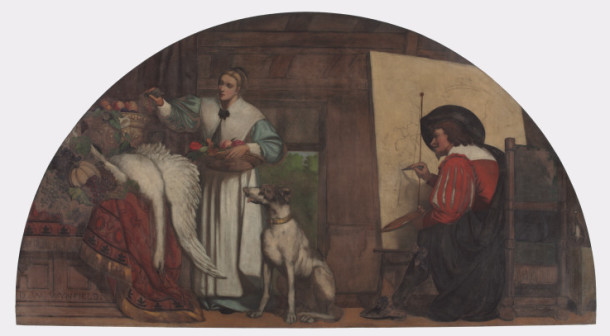 'Drawing from Still Life', decorative lunette painting, David Wilkie Wynfield, 1868. Commissioned for the National Competition Gallery (now Rooms 100 and 101). V&A SKM.1