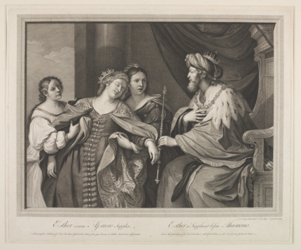 Esther suppliant before Ahasuerus, after Guercino, print on paper., by Sir Robert Strange, English School, 18th century. V&A DYCE.2873