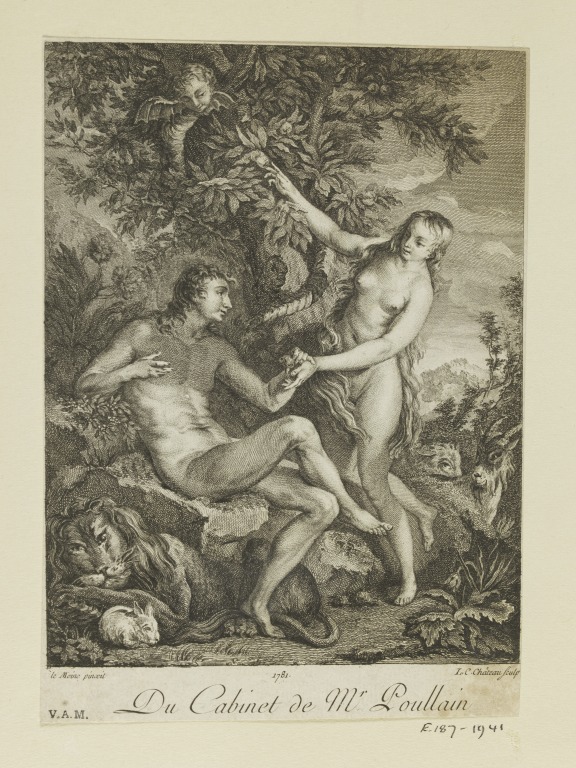 Eve Tempting Adam by François Lemoyne, engraved by Louis Charles Château, published 1781. V&A E.187-1941