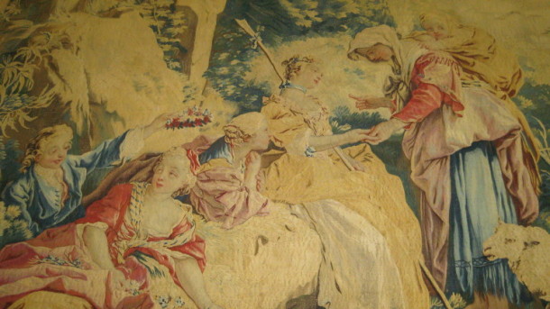 A snap-shot detail of 'La Bohémienne', a wool and silk tapestry made by the Beauvais Tapestry Factory to designs by François Boucher, 1738-1759. V&A T.216-1972