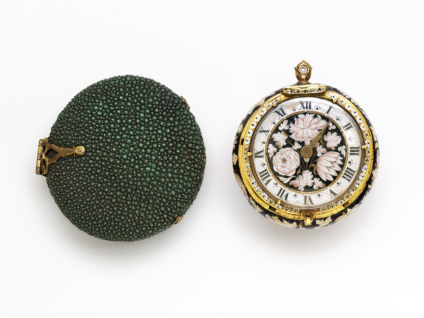 This mid-17th century watch, with its enamelled gold case and movement by Jacques Huon, required a number of shots to convey its facets. V&A 7715&A-1862