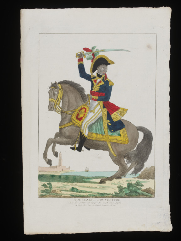 Toussaint Louverture on horseback; hand coloured etching by an unknown artist; French, 1802