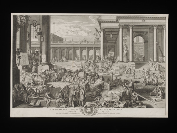 'L'académie des Sciences et des Arts dédiée au Roy', print, after Sebastien Le Clerc, made by Charles-Nicolas Cochin, Paris, 1698-1715 V&A 26912